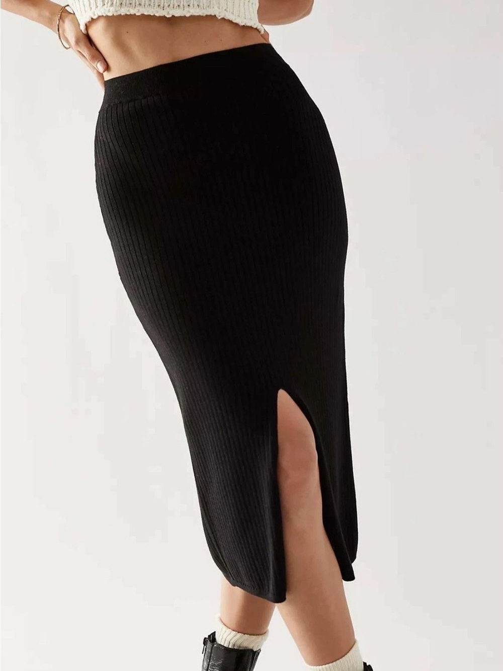 Free People Womens Ribbed Knit Front Slit Midi Skirt Black sz  L